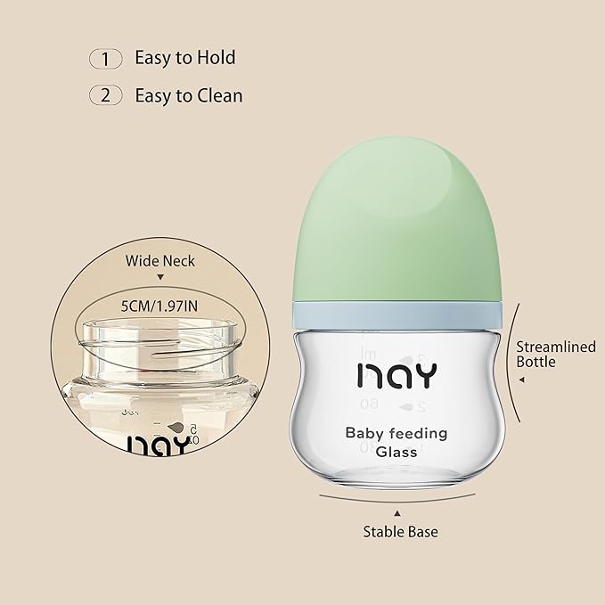 yanyoyo Natural Glass Baby Bottle Wide Neck, Newborn Anti-Colic Baby Bottle, Clear, 3oz(Pack of 2), Includes 2Pcs Slow Flow Nipple(SS), 0 Months+