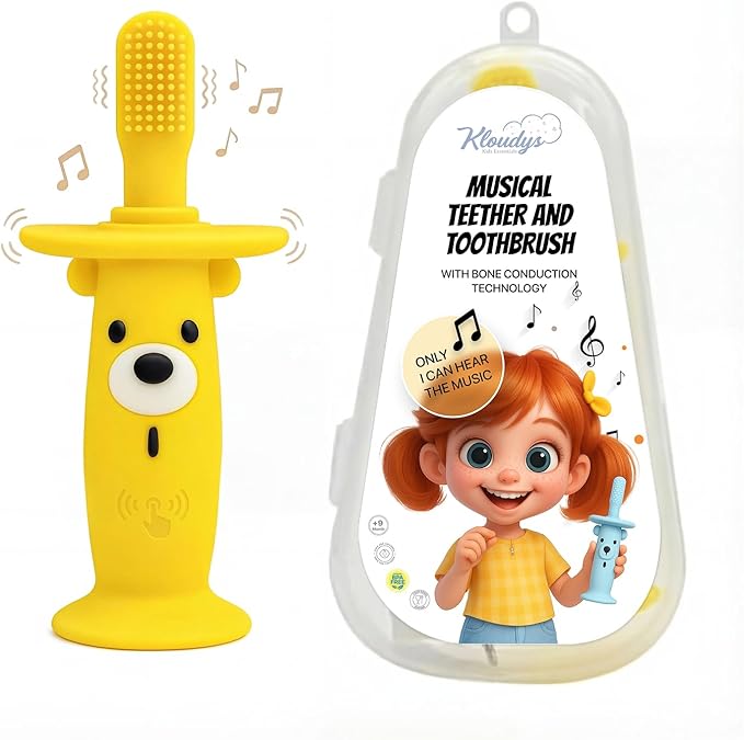Vibrating Baby Teether & Toothbrush l Teething relief & Bone conduction music l Soft BPA-Free Silicone baby teethers, oral sensory chew toys for kids & babies,Teething Toys 9-24 Months, Yellow
