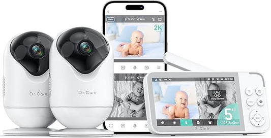 Dr.Care VistaView Smart WiFi Baby Monitor with 2 Cameras- 5” 1080P Split Screen & 2K Camera App Control, Cry & Motion Alerts, Night Vision, 2-Way Talk, Triple Security, 1279ft Range