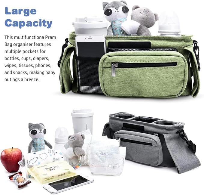 Baby Stroller Organizer, Universal Stroller Organizer with Detachable Phone Bag, Stroller Caddy with 2 Insulated Cup Holders, Buggy Organizer Bag with 2 Hooks Fits Most Strollers (Green)