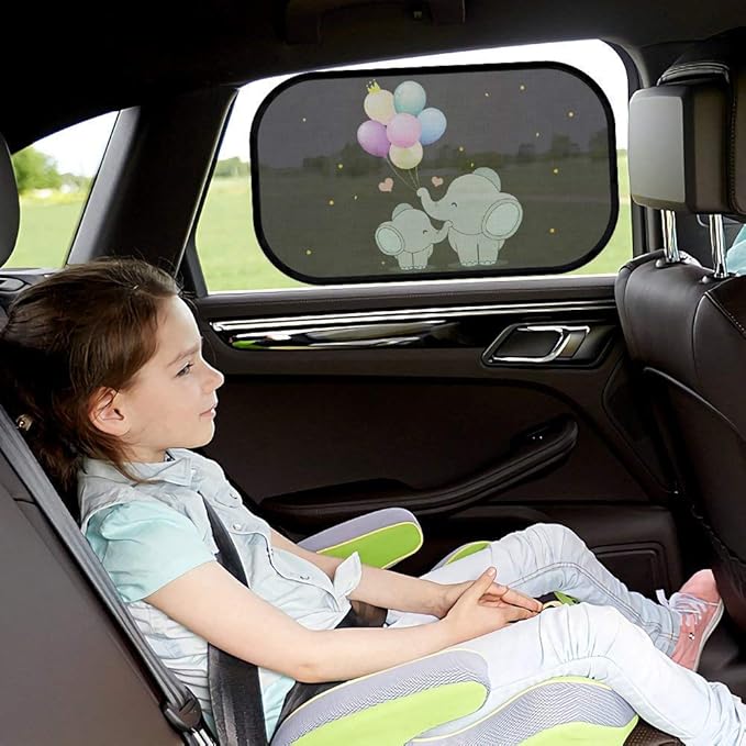 Car Sun Shade for Baby Kids 2 Pack Static Cling Side Window Car 110GSM Rear Sunshades Universal with Storage Bag - Sun Glare and UV Rays Protection for Your Child (Elephant)