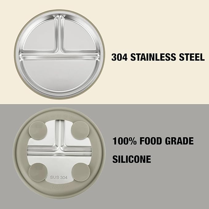 PandaEar 3 Pack Stainless Steel Baby Suction Plates, Divided Toddler Plate for Baby Led Weaning Supplies, Non-Slip Toddler Baby Feeding Set Dishwasher Safe (Linen Brown Tan)