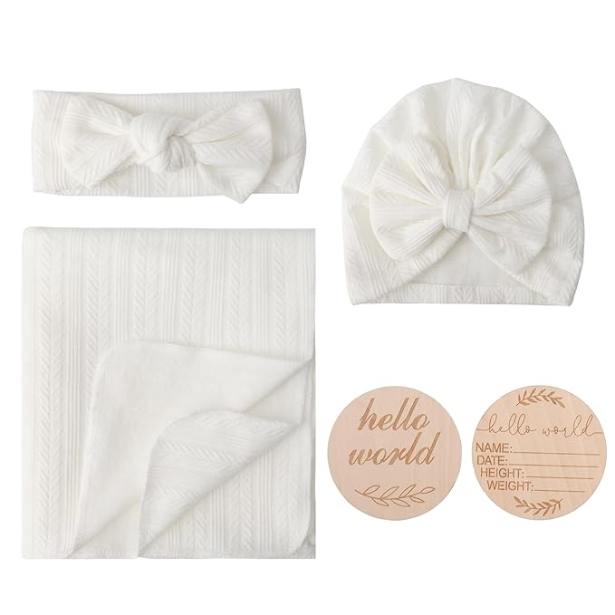 BQUBO Baby Swaddle Blankets for Girls, 4PCS Newborn Accessories Set with Hat and Bow Headband with Hello World Wooden Birth Announcement Card, Baby Blankets for Girls (White)