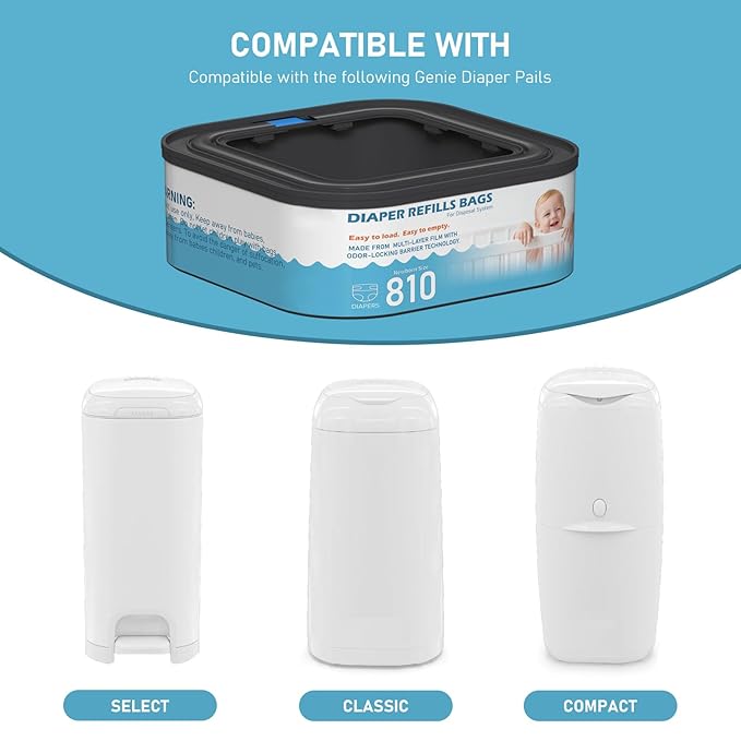 Jumbo Square Refills Disposal Bags Refill (Baby Powder Scent) Compatible with Diaper Genie Classic, Compact and Select Pails, Hold Up to 810 Newborn-Sized Diapers Per Refill, 6 Packs