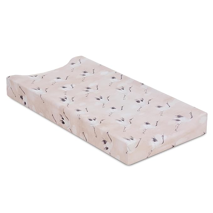 Oilo Changing Pad Cover, Breathable 100% Turkish Cotton Fitted Jersey, 300 Thread Count, Machine Washable, Fits Standard Changing Pads (32" x 16"), Girl, Boy, & Neutral Nursery Design, Pink Crane