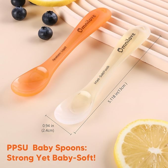 Omnilove Silicone Baby Spoons 2-Pack with Case, New Born Self Feeding Toddler Spoon, Baby Led Weaning Supplies, Toddler Utensils with Safety Chain, Baby Eating Essentials, Dishwasher Safe