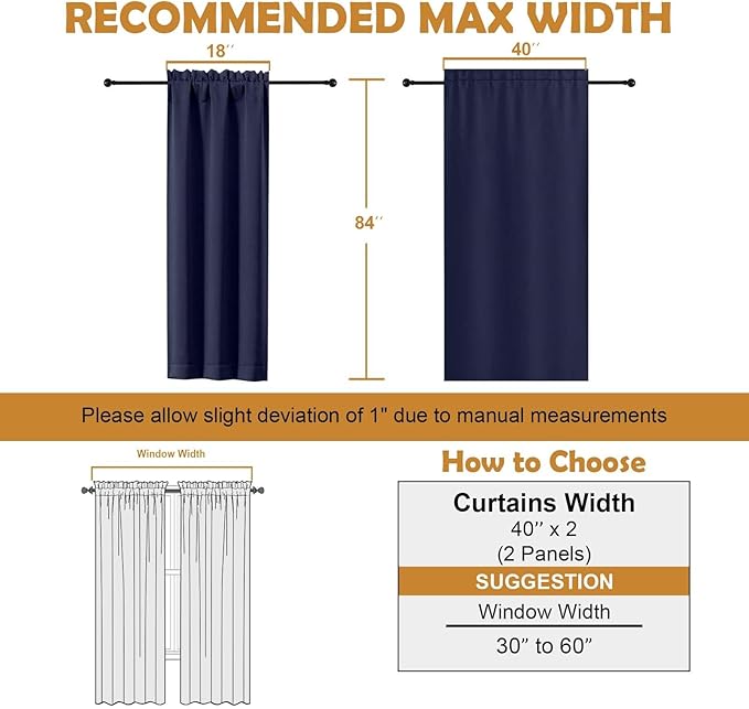 Aiyufeng Navy Blue Blackout Curtains for Bedroom 84 Inch Length 2 Panels Set, Solid Thermal Insulated Privacy Living Room Window Treatment Curtains Blackout Drapes, W40 x L84 Inch, Navy Blue