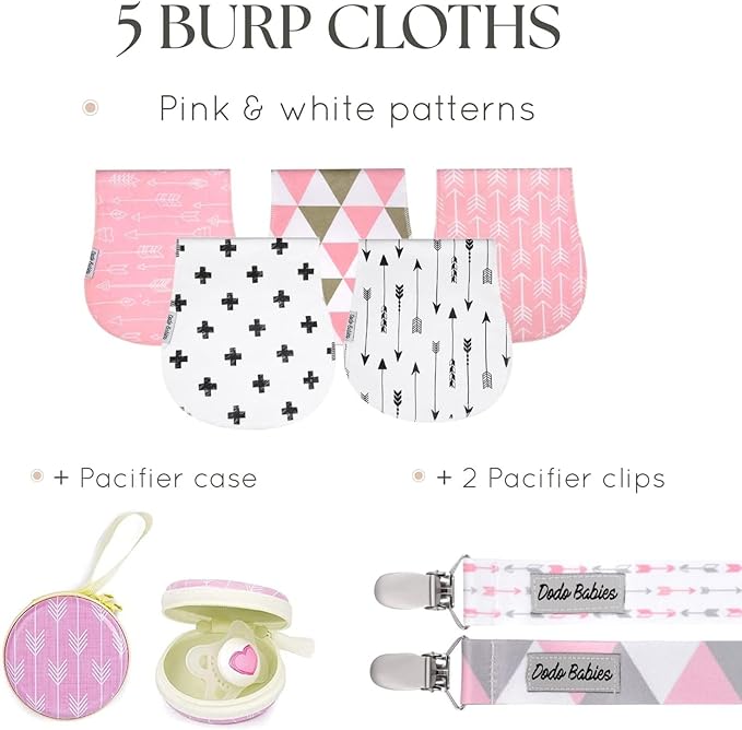 Dodo Babies Burp Cloths for Babies - Soft Cotton Front & Fleece Back - Contoured Fit for Newborn Essentials - Pack of 5, 2 Pacifier Clips, Pacifier Case, 19 x 9 in