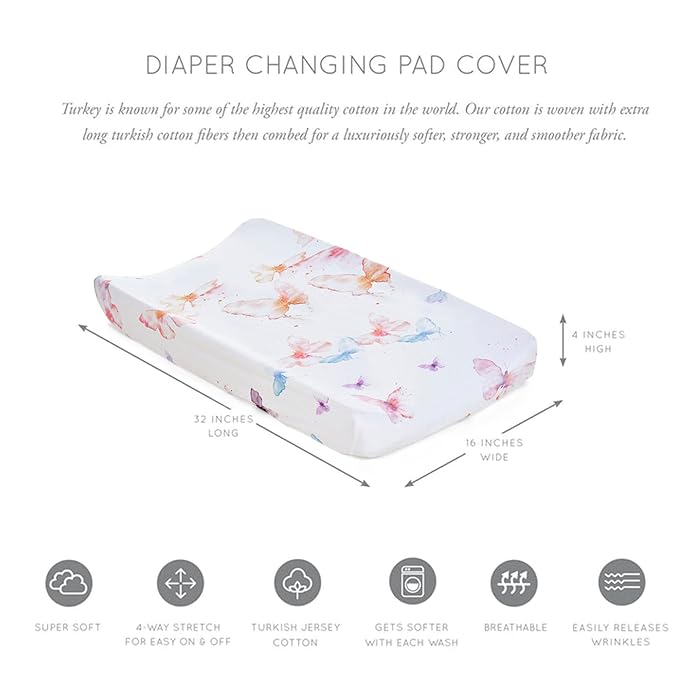 Oilo Changing Pad Cover, Breathable Turkish Cotton Fitted Jersey, 300 Thread Count, Machine Washable, Fits Standard Changing Pads (32" x 16"), Girl, Boy, & Neutral Nursery Design, Butterfly