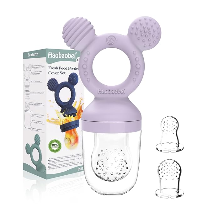 Baby Fruit Feeder, Frozen Teething Toys for Babies, Teether Pacifier with 3 Extra Teats, Eating Essentials, BPA Free Baby Feeding Supplies (Lavender)