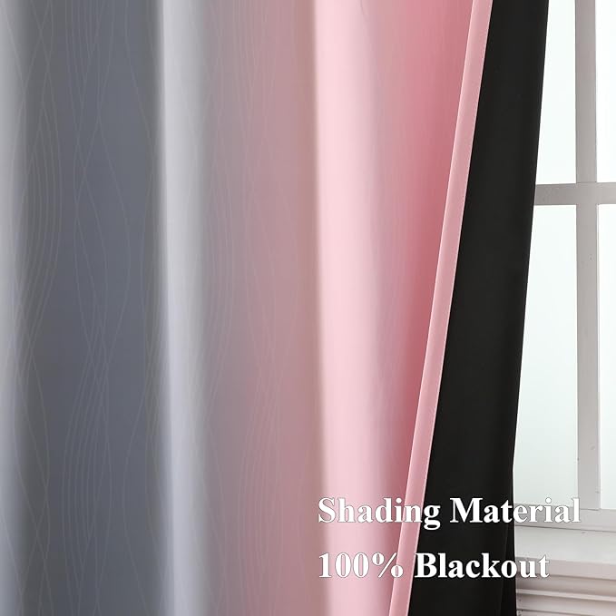 Estelar Textiler Pink and Grey Ombre Blackout Curtains for Living Room, Full Room Darkening Curtains for Bedroom, Light Blocking Grommet Thermal Insulated Gradient Drapes, 2 Panels, 42x96 Inch