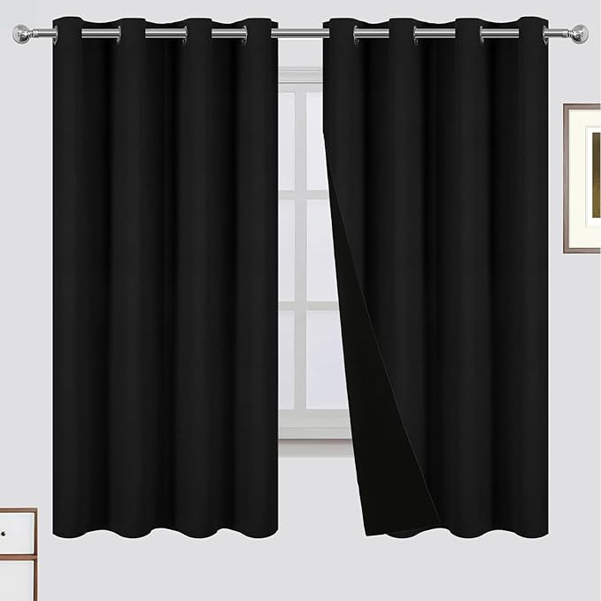 LEMOMO 100% Blackout Curtains 52 x 63 Inch Black Curtains 2 Panels Darkening Thermal Insulated Bedroom Curtains