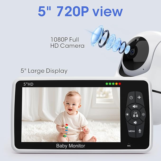 Babystar Baby Monitor with Camera and Audio, 720P HD Resolution 5" Display, 4000mAh Up to 22 Hour Battery, Remote Pan-Tilt-Zoom, No WiFi, VOX, Night Vision, 2-Way Audio, Lullabies, Temperature Sensor