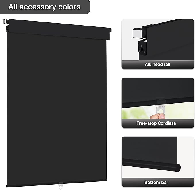 LazBlinds No Drill Blinds for Indoor Windows, Blackout Roller Shades, Cordless Window Blackout Blinds, Thermal Insulated Fabric UV Protection for Home and Office, 35" W x 72" H, Black