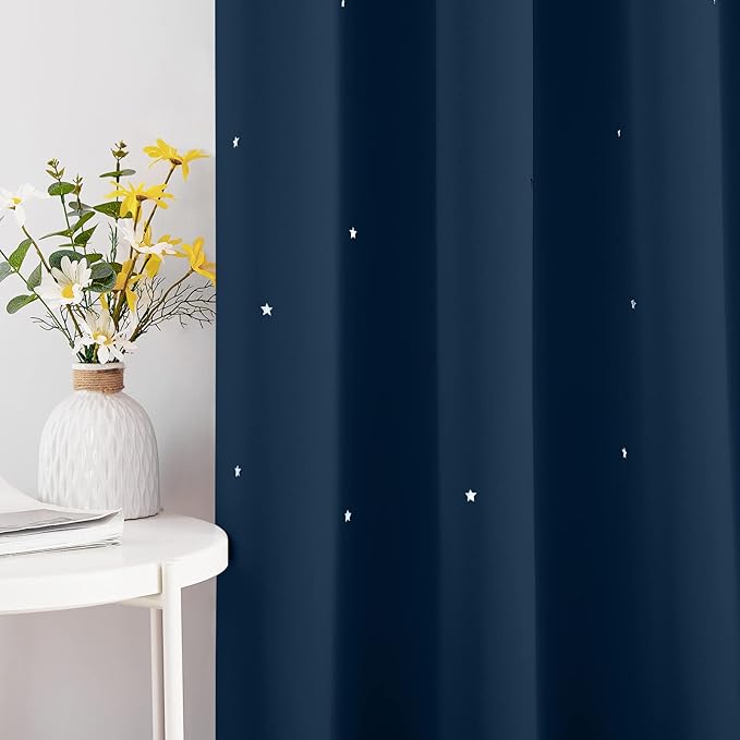 NICETOWN Kids Curtains Punched Out Stars, Moroccan Blue Star Curtains for Girls' Bedroom, Thick and Soft Room Darkening Shade for Baby Nursery, (W34 x L45 Inches, 2 Panels)