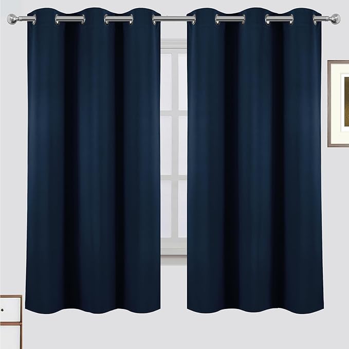 LEMOMO 100% Blackout Curtains 42 x 63 Inch Navy Blue Curtains 2 Panels Darkening Thermal Insulated Bedroom Curtains