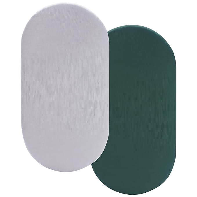 Pro Goleem Muslin Bassinet Sheet for Boys and Girls, Soft Breathable Fitted Cotton Baby Sheets Set for Oval Hourglass and Rectangular Bassinet Mattress, Neutral, 2 Pack (Grey＆Green)