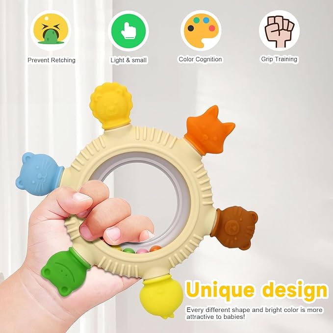 Sensory Toys for Babies, 2 Pack Baby Teething Rings Toys for 0-3 3 6-12 Months Baby Rattle Teether Silicone Teether Relief Chew Soothing,BPA Free,Sore Gums Babys Teethers Toys