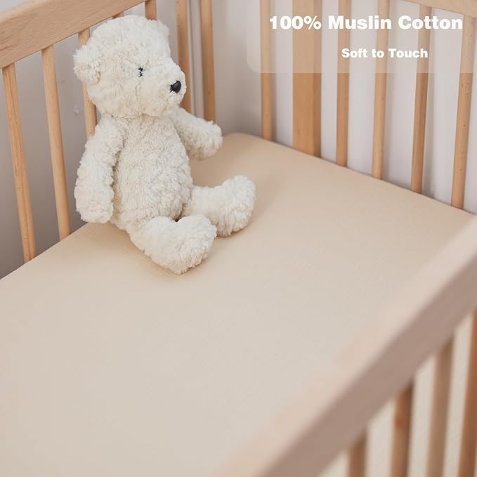 2 Pack Muslin Crib Sheets for Boys Girls Rutiwa Baby Sheets for Crib 100% Cotton Soft Breathable Sheets Neutral Fit Standard Crib & Toddler Bed Mattress 28"x52"(Harbor Gray/Beige)