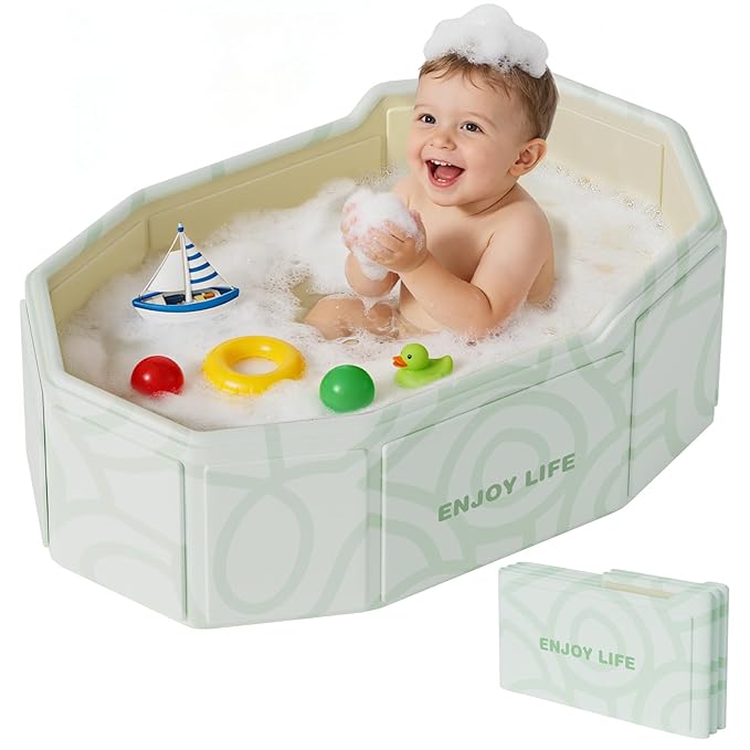 Collapsible Baby Bathtub for Shower, Portable Foldable Toddler Bath Tub with Non-Slip Base, Compact Travel Essentials for Kids & Infants, Easy Storage in Small Spaces, Green