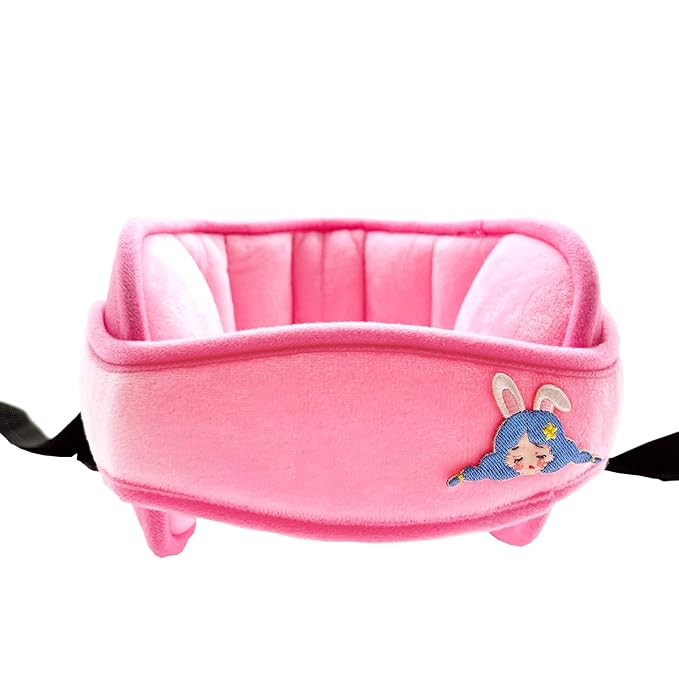Child Car Seat Head Support Band - Baby Head Neck Relief Safety Headrest - Adjustable Toddler Carseat Head Holder Head Strap - Baby & Kids Travel Accessories with Cute Cartton Pattern, Pink