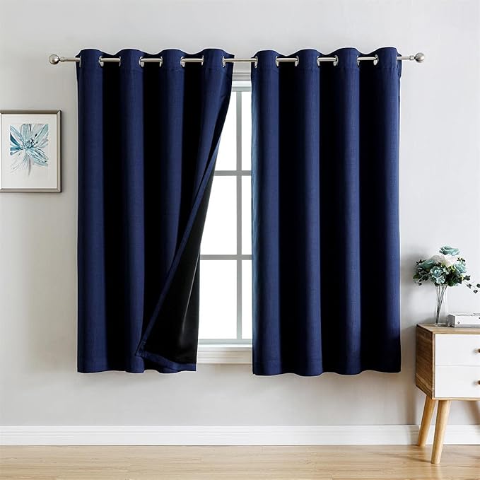 G2000 100% Blackout Curtains for Bedroom Living Room 63 Inch Length Navy Blue Room Darkening Window Grommet Thermal Lined Insulated Light Blocking Noise Reducing 2 Panels