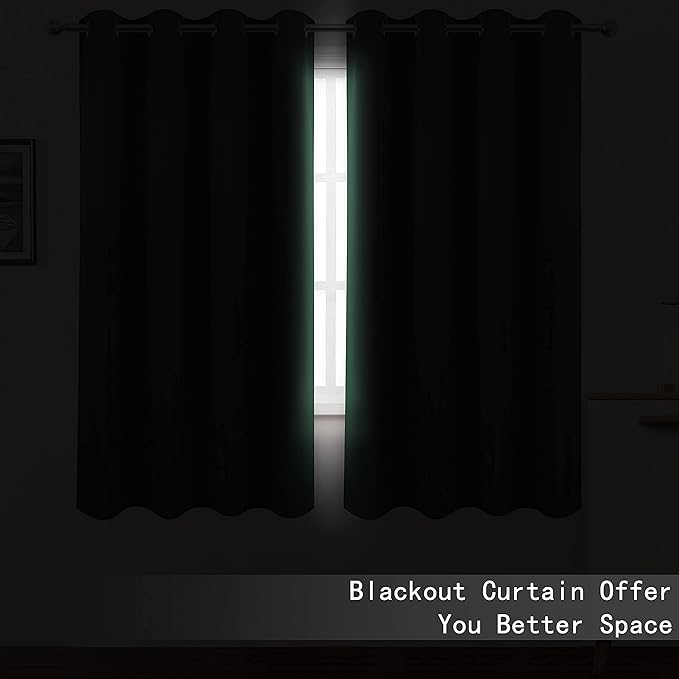 LEMOMO 100% Blackout Dark Green Curtains with Black Liner/52 x 63 Inch/Set of 2 Panels Thermal Insulated Room Darkening Curtains for Bedroom