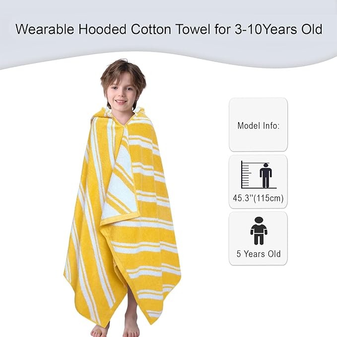 VOOVA & MOVAS Hooded Bath Towels for Kids (3-10Years,27.5"x55"),100% Cotton Absorbent Soft Towel Wrap for Toddler Boys,Perfect for Bathroom | Pool | Beach | Swimming, Jacquard Yellow Stripe