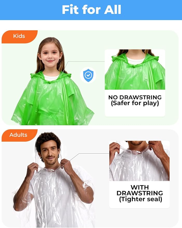 Rain Ponchos for Adults, Kids & Family - 4, 8, 9 & 16 Pack Options - Extra Thick, Tear-Resistant with Hood
