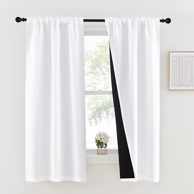 NICETOWN 100% Blackout Short Curtain Panels, Cold and Full Light Blocking Drapes, Short Curtains, 63 Inches Drop Thermal Insulated Draperies for Loft (Pure White, 2 Pieces, 37 inches Wide per Panel)
