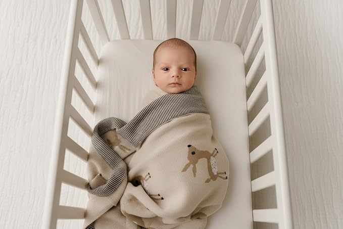 Knit Baby Swaddle Blanket - 100% Cotton Soft Cozy Receiving Swaddling Stroller Blanket Quilt for Shower Gift Registry for Newborns Infants Toddlers Gender Neutral (Deer - Taupe)