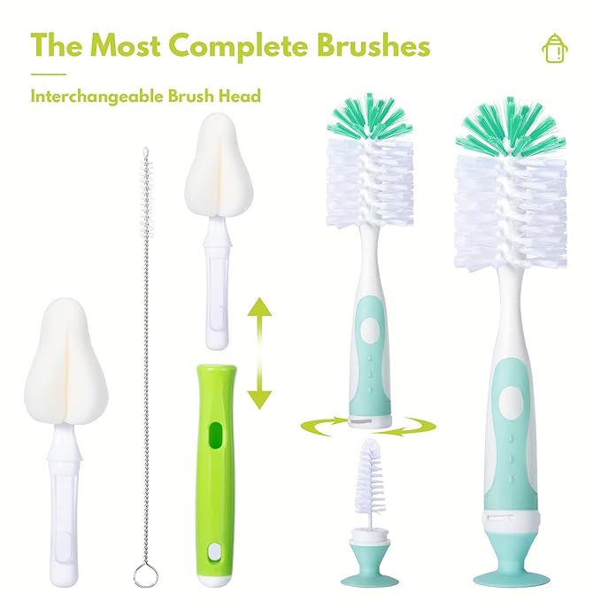 CAREBABYMORE Baby Bottle Brush with One Base Hidden Nylon Nipple Cleaner, 2 Pcs Sponge Nipple Brushes, 2 Pcs Straw Brushes, Bottle Brush with Nipple Cleaner and Suction Cup (Yellow)
