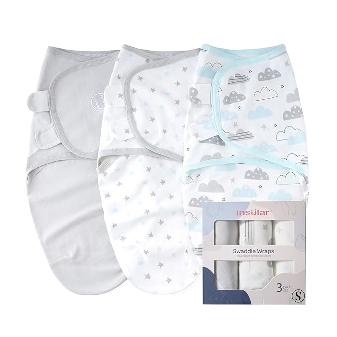 insular Baby Swaddle Wrap, Swaddle Blanket for Newborn and Infant, Adjustable Swaddling Set for Boy and Girl, Soft Cotton Baby Sleep Sack 3 Pack, Clouds, Small(0-3 Month)