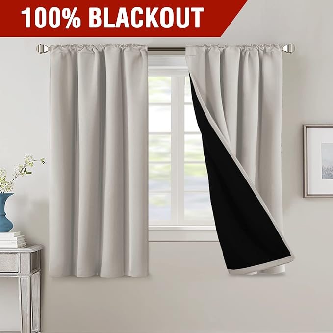 H.VERSAILTEX 100% Blackout Curtains for Bedroom with Black Liner Full Room Darkening Curtains Thermal Insulated Back Tab/Rod Pocket Window Drapes for Living Room, 2 Panels, 42 x 63 Inch, Pumice Stone