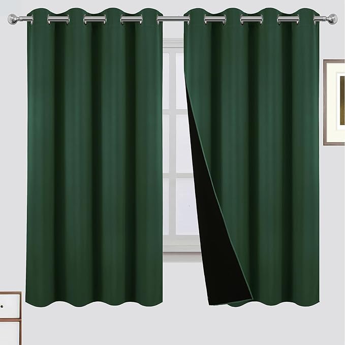 LEMOMO 100% Blackout Curtains 52 x 63 Inch Green Curtains 2 Panels Darkening Thermal Insulated Bedroom Curtains