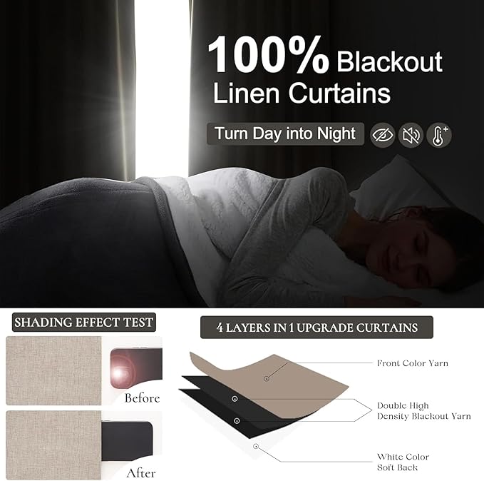 Extra Wide Linen Curtains for Living Room/Bedroom 2 Panels Set, Rustic Country Pinch Pleated Blackout Burlap Curtain Thermal Soundproof with Ceiling Track (70"Wx90"L) for 60 Inches Wide Windows