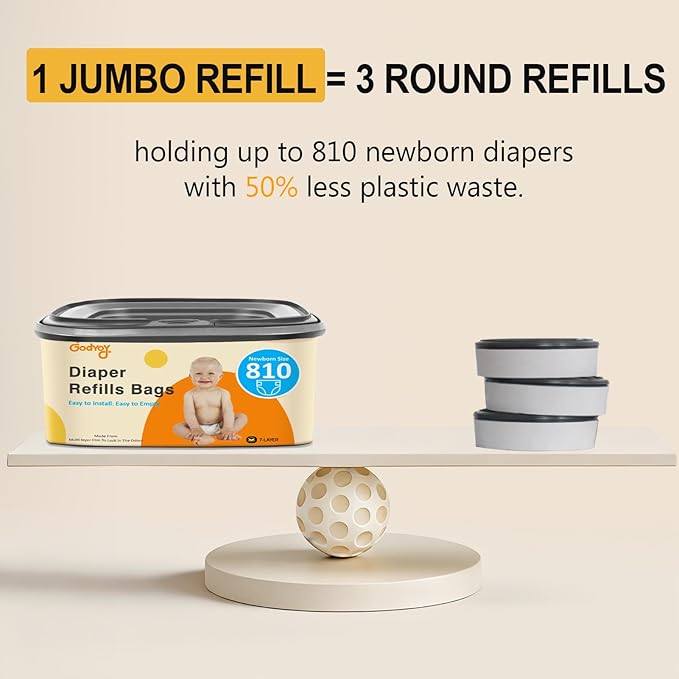 Jumbo Square Refill Compatible with Diaper Genie Classic,Compact and Select Pails,Odor Control & Durable,Holds Up to 810 Newborn Diapers,Plant Scented Disposal Bag Refills with Continuous Film（2 pack）