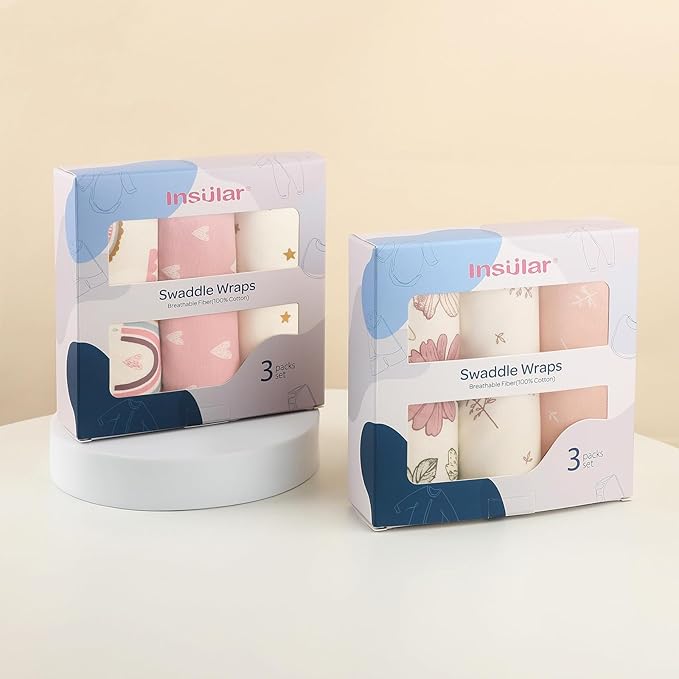 insular Baby Swaddle Wrap, Swaddle Blanket for Newborn and Infant, Adjustable Swaddling Set for Boy and Girl, Soft Cotton Baby Sleep Sack 3 Pack, Pink Swan, Medium(3-6Month)