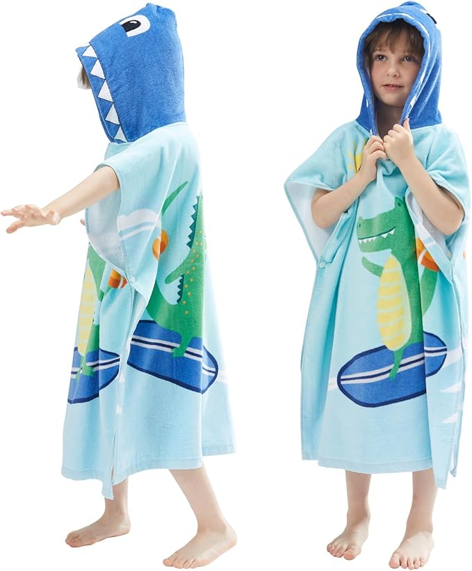 BANGSAUR Kids Hooded Towel Bath Beach Soft Cotton Towels Boys Absorbent Pool Wrap with Hood Baby Toddler Poncho Robe(Surfing Crocodile,3-4Years/Height:33"-43")