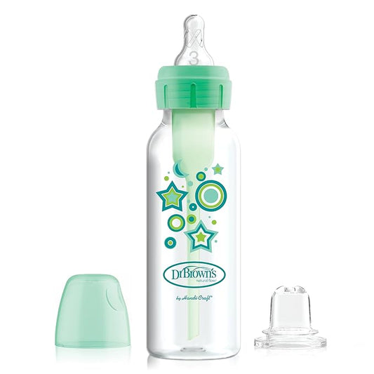 Dr. Brown's Anti-Colic Options+ Narrow Sippy Bottle Starter Kit, 8oz/250mL, with Level 3 Medium-Fast Flow Nipple and Soft 100% Silicone Sippy Spout, Green, BPA Free, 6m+