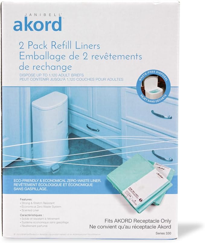 Janibell Akord 330 Adult Diaper Pail Refill Liners, 2 Count – Fits Akord Diaper Pail, Odor Locking, Easy Cut & Tie, Hands-Free Disposal, Continuous Liner – Each Liner Holds Up to 560 Adult Briefs