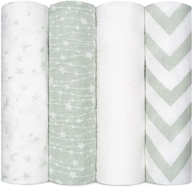 Comfy Cubs Muslin Swaddle Blankets Pack of 4, 47 x 47 Inches, Soft Cotton Baby Blanket Set, Large Multipurpose Swaddling Wraps for Newborns - Self-Soothing Swaddle - Green