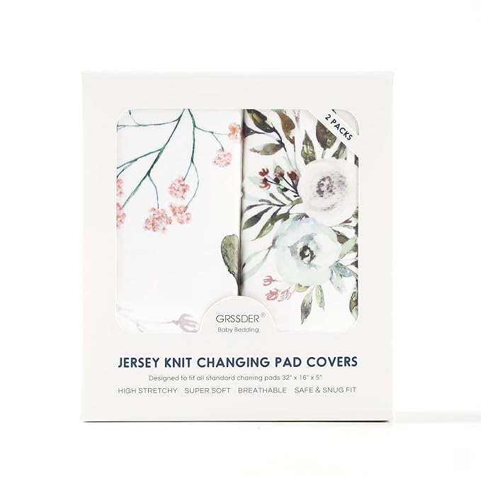 Stretch Ultra Soft Jersey Knit Changing Pad Cover Set 2 Pack, Change Table Pad Covers Fit 32"/34" x 16" Pads Safe and Snug, Stylish Watercolor Rose and Flora Pattern for Girls