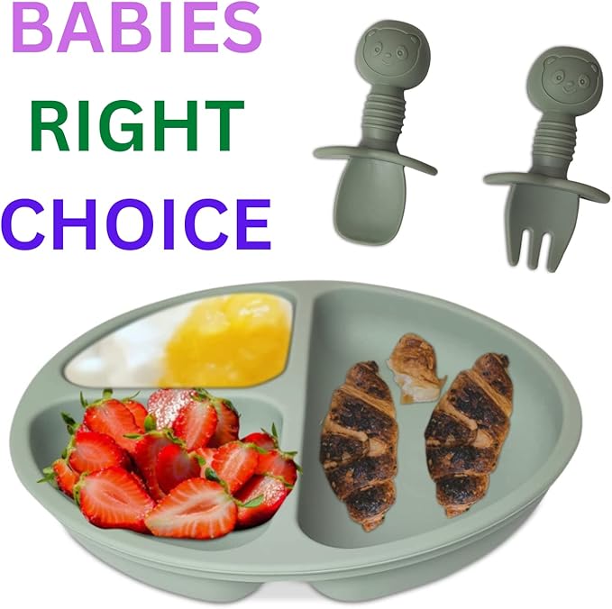 Mutualproducts 10 Pcs Baby Utensils – Silicone Baby Spoons and Forks for Self Feeding – Suction Plate - Anti-Choke Baby Feeding Supplies – Baby Led Weaning Set with Bibs – Great Gift Set (Green)