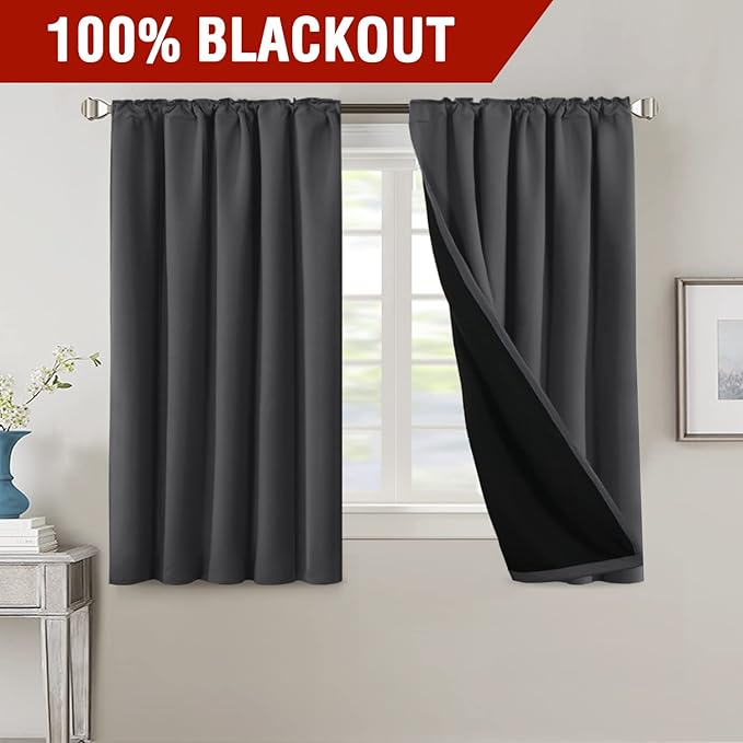 H.VERSAILTEX 100% Blackout Curtains for Bedroom with Black Liner Full Room Darkening Curtains 54 Inch Long Thermal Insulated Back Tab/Rod Pocket Window Drapes for Living Room, 2 Panels, Charcoal Grey