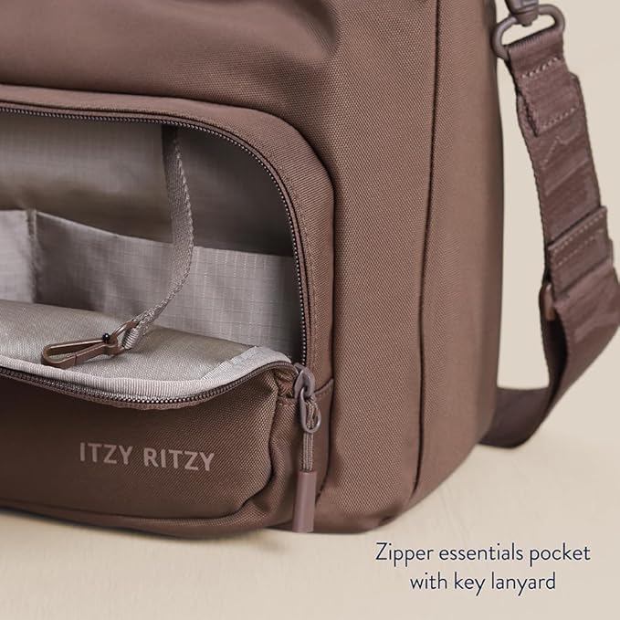 Itzy Ritzy Belong Cargo Caddy for Strollers & Wagons – Convertible Stroller Organizer and Crossbody Bag With Adjustable & Removable Strap, Bottle Holders, Smart Storage Pockets & Secure Straps (Mocha)