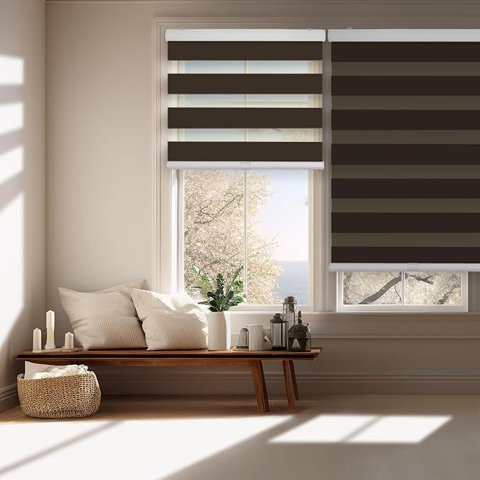 FOIRESOFT Standard Cordless Custom Blackout Zebra Roller Shades and Blinds for Windows [Bonita, Pure Dark Brown, W 20-81 x H 20-84 inch] Dual Layer Sheer Room Darkening, Select 1x1 for Custom