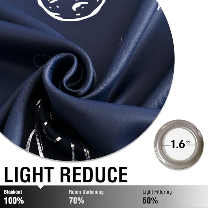Vangao Navy Blue Kids Curtains for Boys Bedroom Space Theme Blackout Curtains for Kids Nursery Girls Room 84 Inches Length Silver Foil Print Drapes Grommet Top Window Treatments Set 2 Panels
