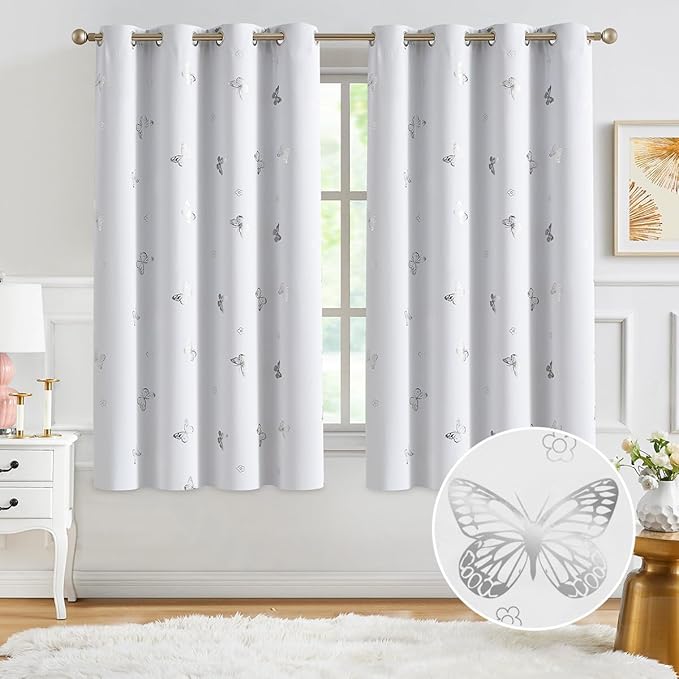Jubilantex White Silver Butterfly Blackout Curtains Metallic 63" Long for Bedroom Nursery Thermal Insulated Window Curtains Grommet 52" Wide,2 Panels