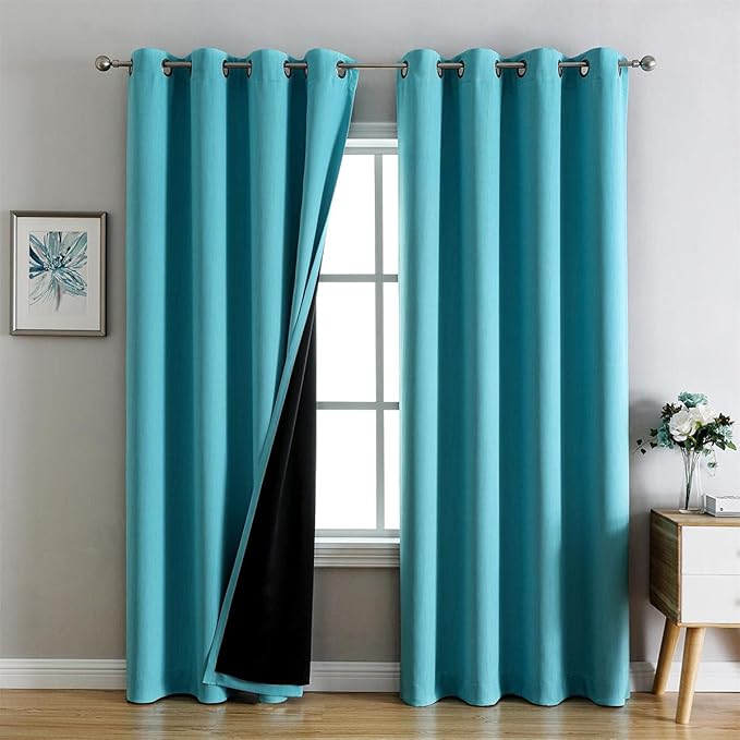 G2000 100% Blackout Curtains for Bedroom Living Room 84 Inches Long Turquoise Room Darkening Window Grommet Thermal Lined Insulated Light Blocking Noise Reducing 2 Panels